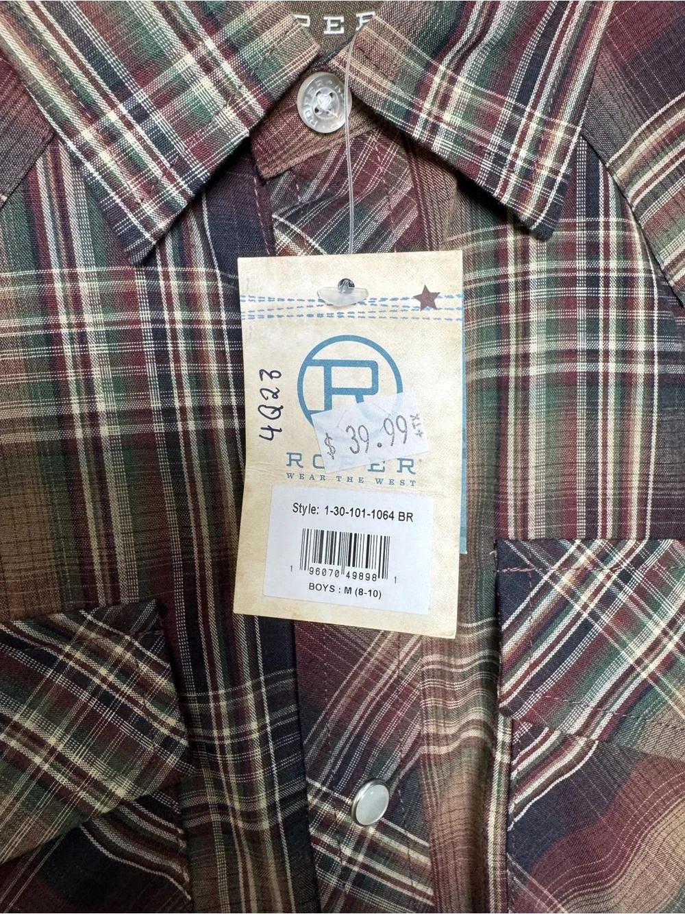 Roper Boys Western Plaid Pearl Snap Shirt Size M 8-10 NWT